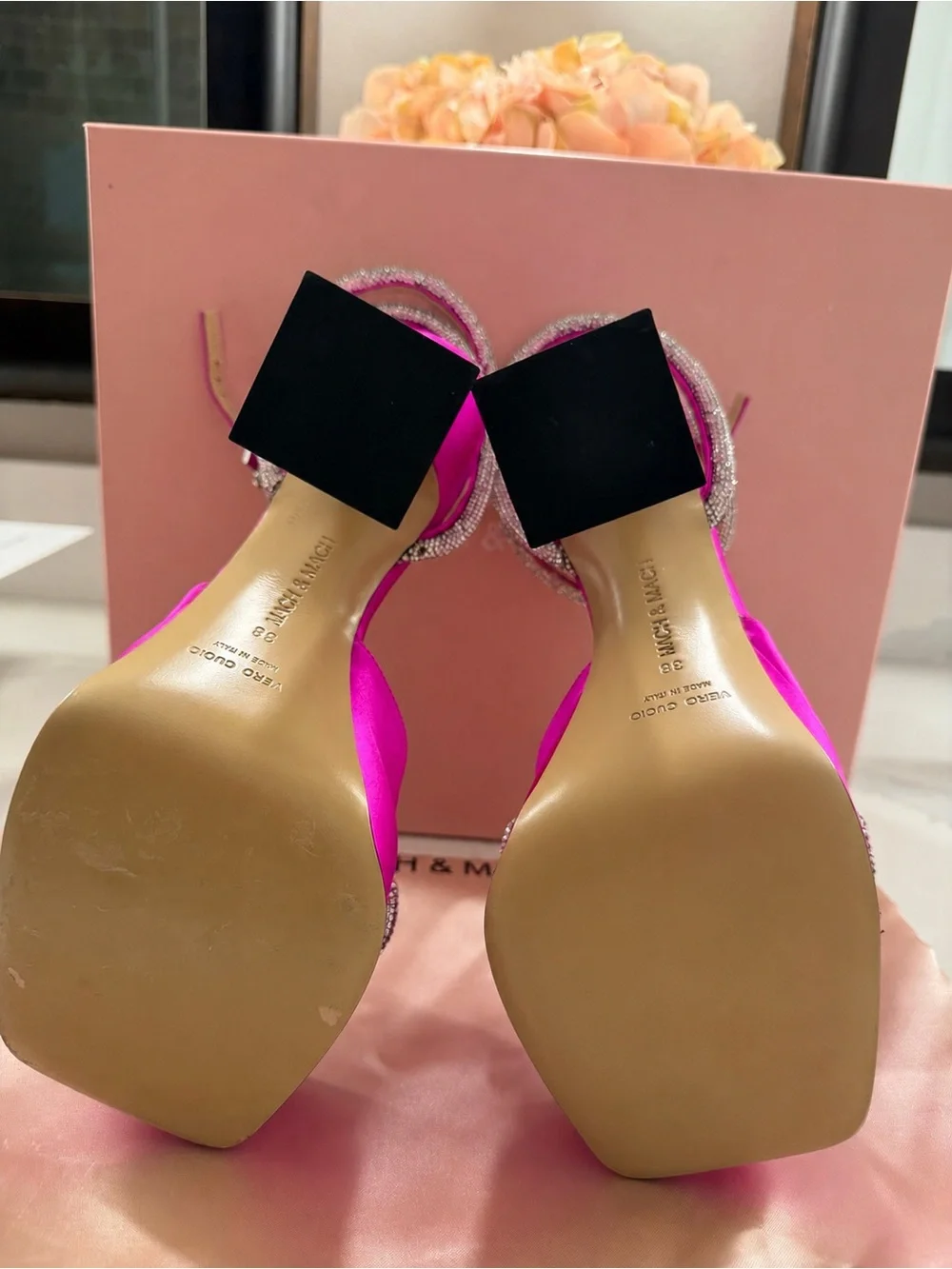 MACH & MACH - Double Bow - 140 Silk Ankle Strap Sandals - 38 - New - Fuchsia